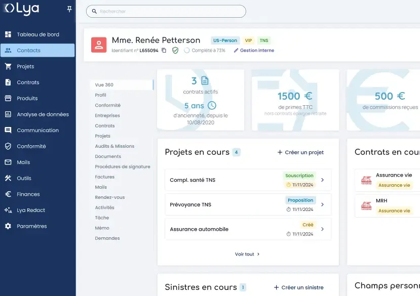 Logiciel Lya - Interface CRM pour courtiers d'assurance avec gestion de portefeuille et conformité DDA Interface de Lya, le logiciel essentiel pour la distribution d'assurance - Tableau de bord CRM pour courtiers